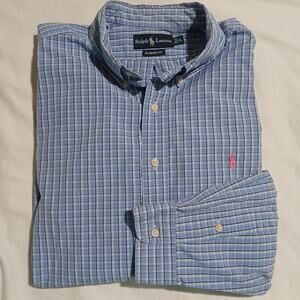 Ralph Lauren Men's XL Classic Fit 100% Cotton Blue Pastel Plaid Button-Down/Up